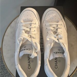 Chanel Style Classic White Lace-Up Sneakers